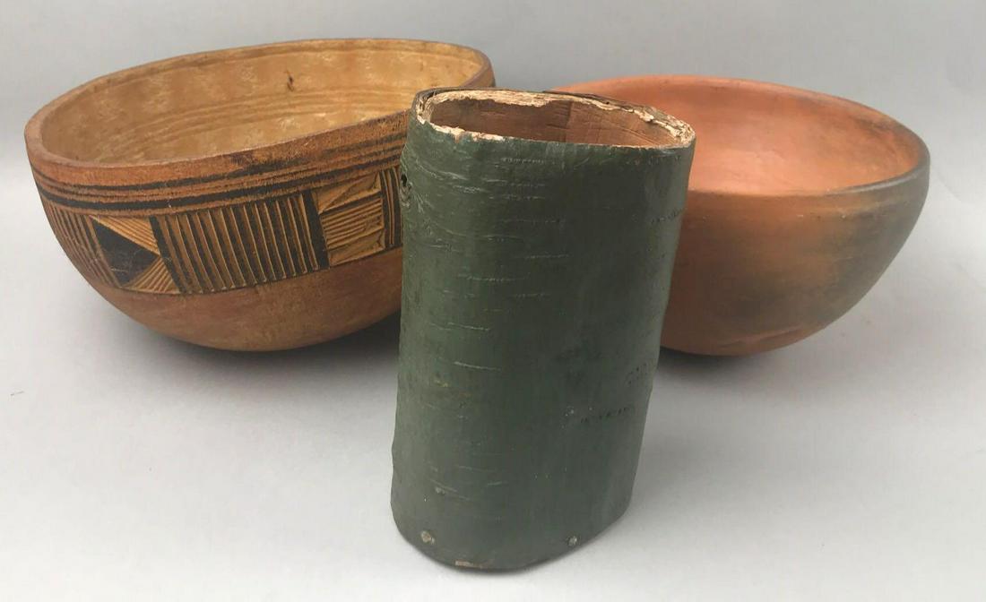 Group of 3 Native American bowls and vase: Largest is 8.5 inches, hand decorated wood bowl. Also includes pottery bowl and birch bark vase