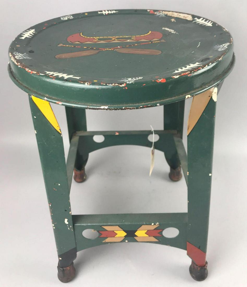 Vintage 1930s decorated metal cabin stool: 15.5 inches tall