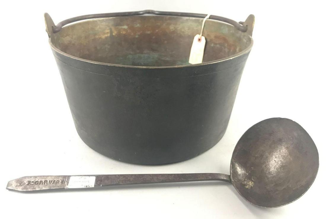 Group of 2 pieces antique brass kettle pot and skimmer: Pot measures 14.5 inches in diameter and 7.5 inches deep.