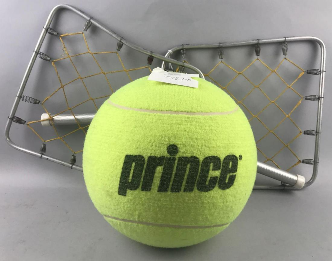 3 piece group Featherball rackets and novelty tennis: Rackets are 13x24 inches, Tennis ball is huge most likely a store display.