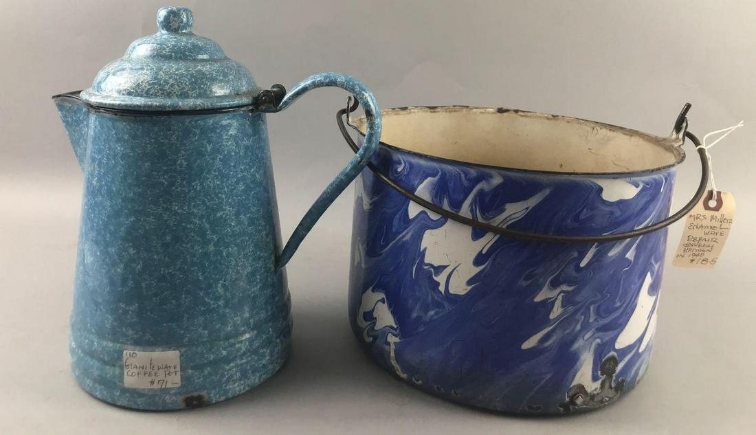 Group of 2 pieces antique graniteware: Granite ware coffee pot-10.5 inches tall, and enamel ware pot with repairs.