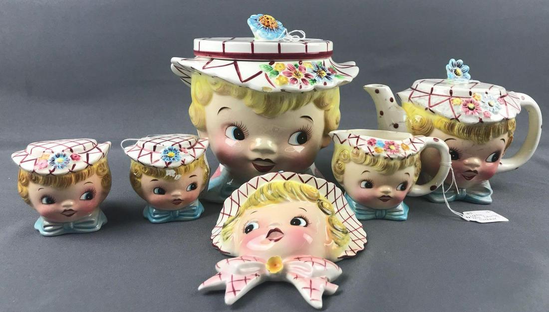 Group of 6 pieces Lefton Miss Dainty Teapot, Cookie jar: Largest is 6.5 inches. Crazing and chips throughout.