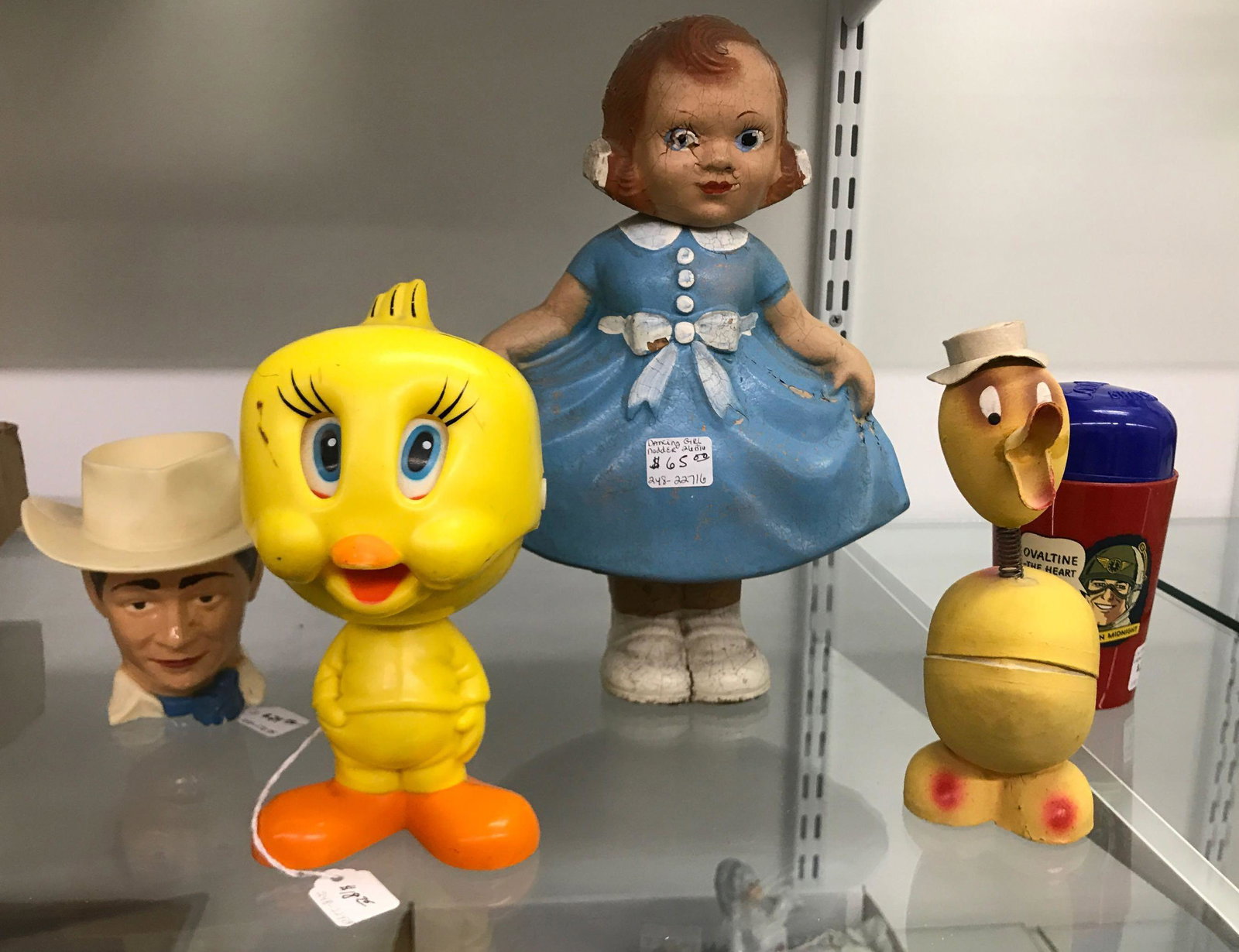 Group of 5 Antique bobble heads and more: Ovaltine cup pull string talking tweety