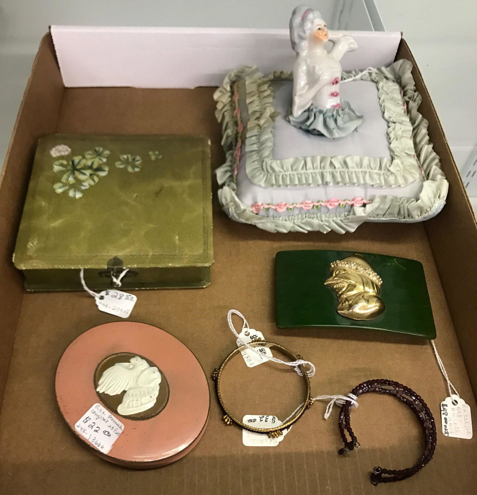 Group of 6 Antique compact bracelets and more: belt buckle sewing kit pin cushion