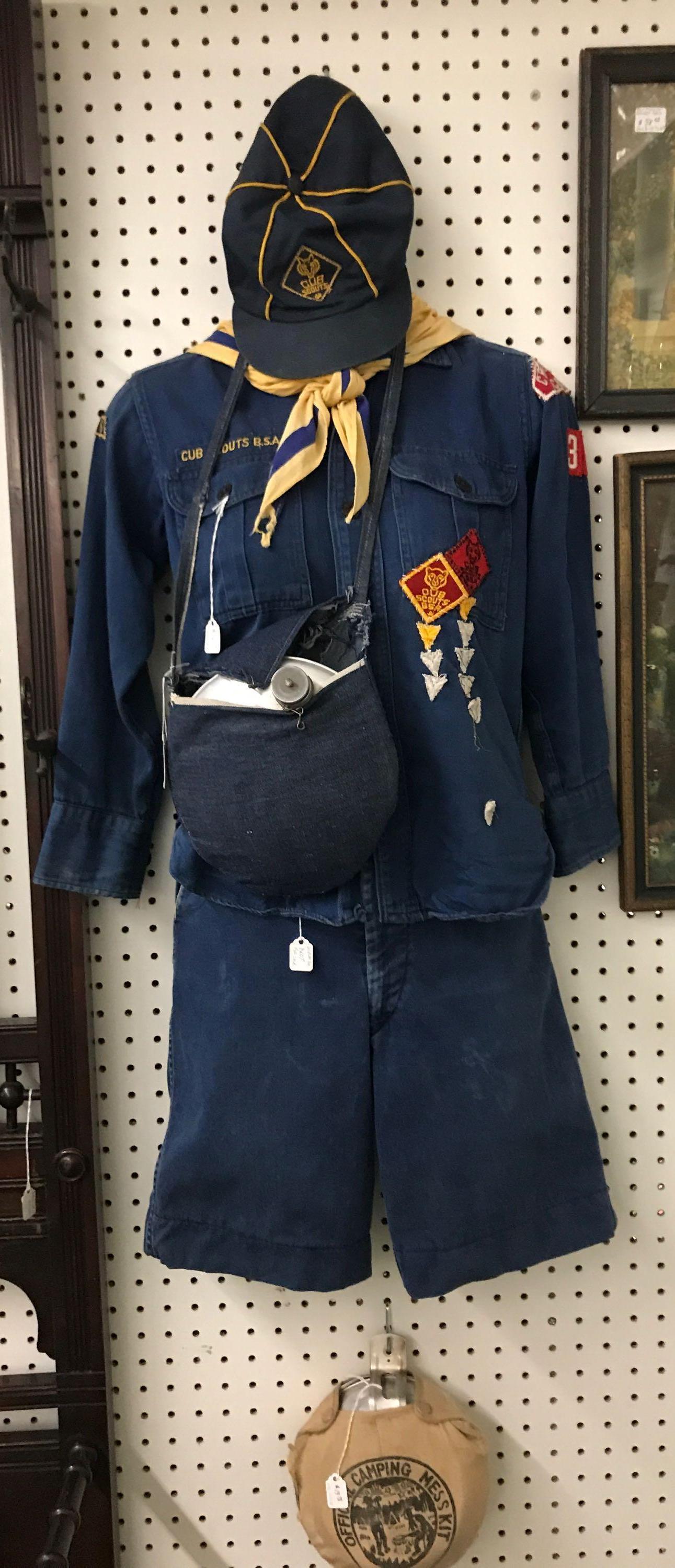 Vintage Cub Scout uniform with 2 Water canteens: Two canteens shirt shorts hat scarf
