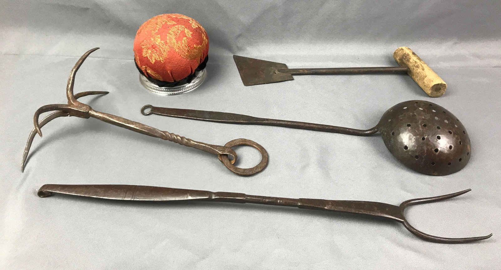 Group of 5 Antique and Primitives: Pin Cushion Spoon Fork Tobacco cutter Dray Largest is 19 inches long