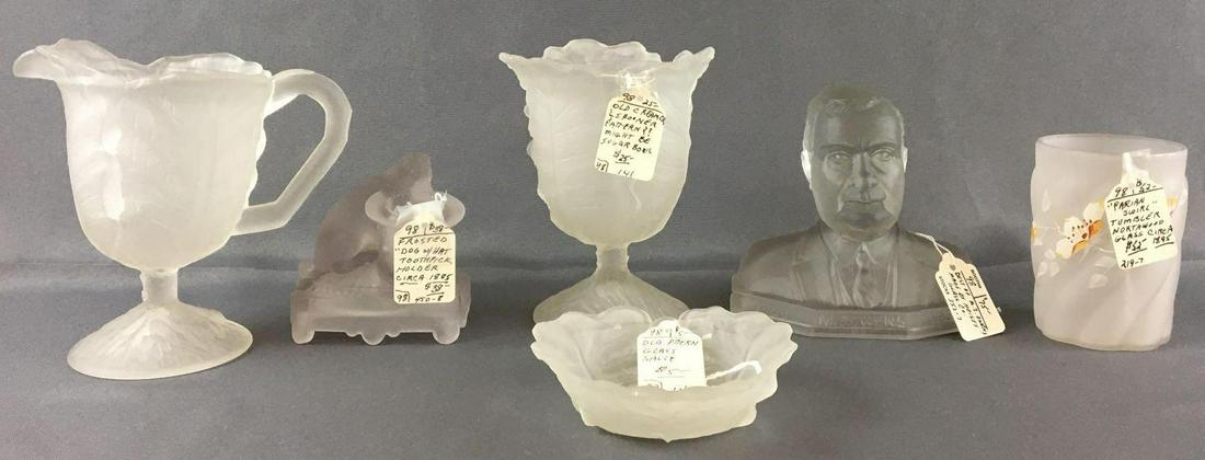 Group of 6 Antique Frosted Glass Decor: Includes bust of M.J. Owens, toothpick holders and more, largest is 6 inches tall