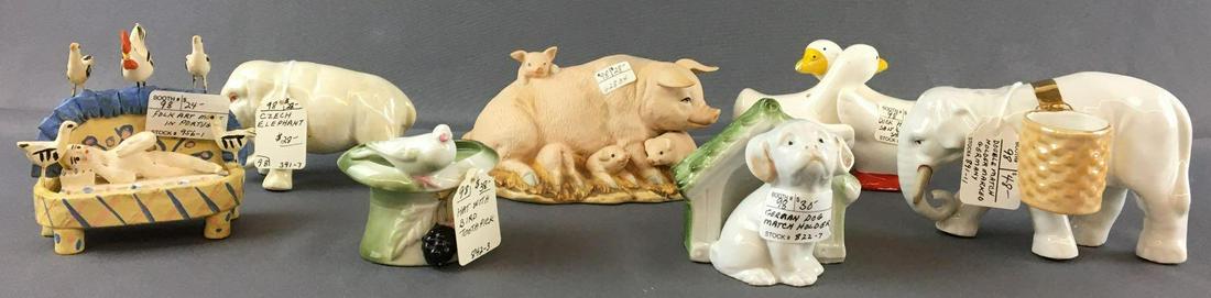 Group of 7 Vintage Animal Figurines: Includes salt and pepper ducks, germany double match holder elephant, Czech elephant and more
