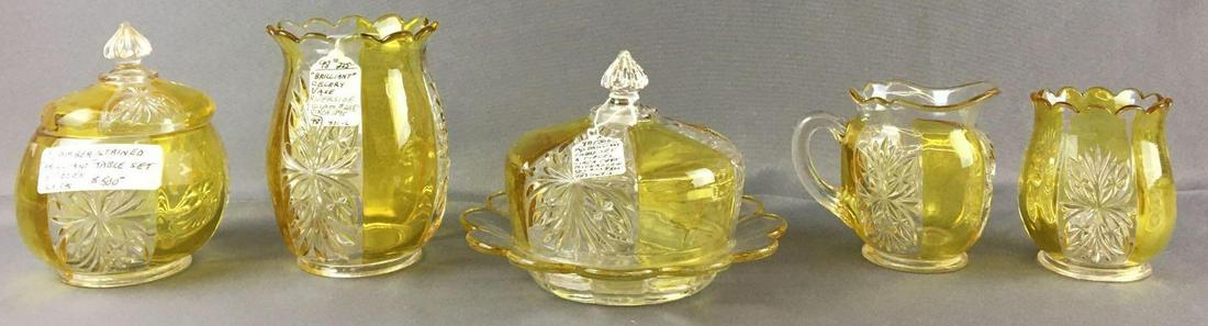 Antique Brilliant Yellow/Clear Glassware: Circa early 1900s, includes celery vase, covered dish, creamer and more largest is 6 inches tall