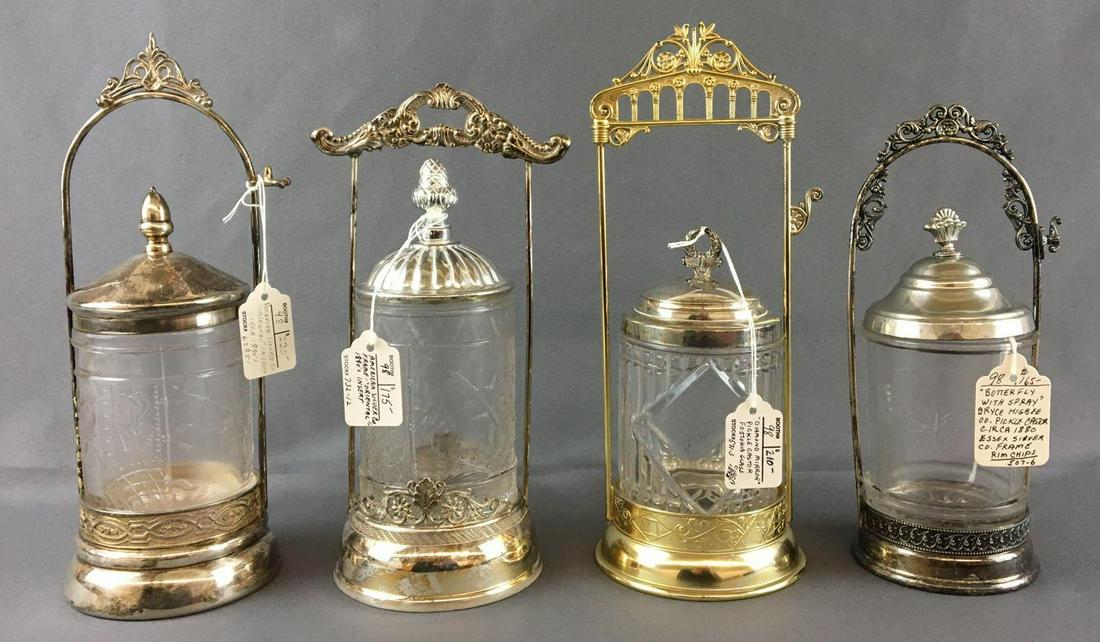Group of 4 Antique Pickle Castors: Circa 1890s, early 1900s, Includes diamond mirror, butterfly with spray, and 2 oriental, largest is 11 inches tall, all missing tongs