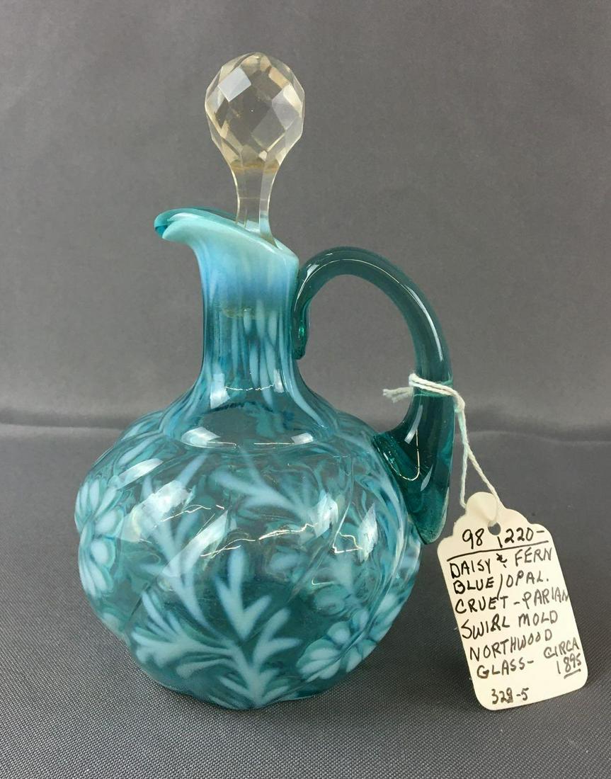 Antique Blue Opalescent Daisy and Fern Cruet: Circa 1895, 6 1/2 inches tall, some chips on stopper