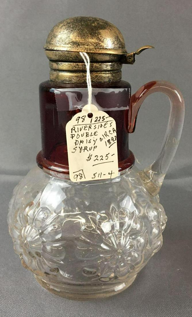 Antique Ruby Red to Clear Double Daisy Syrup Pitcher: Circa 1890s, 7 inches tall, applied handle