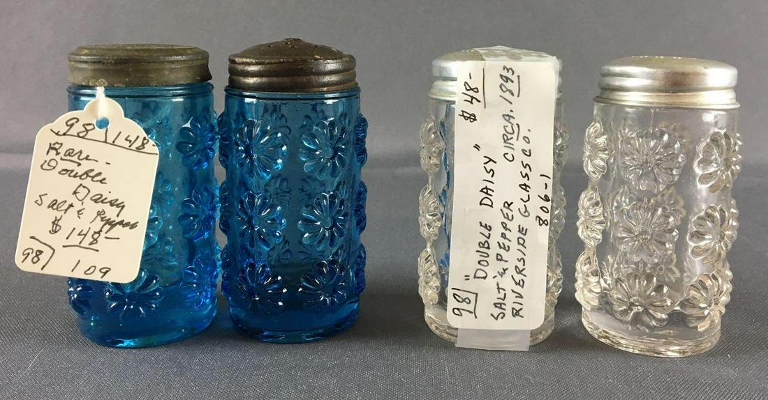 Group of 4 Antique Double Daisy Salt and Pepper Sets: Circa 1893, pair of blue and pair of clear 3 inches tall