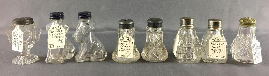 Group of 8 Antique Salt and Pepper Shakers: Circa 1882-1900, includes pressed glass, dogs and more