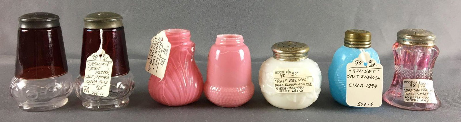 Group of 7 Antique Salt/Pepper Shakers: Circa 1890-1900s, some with no lids