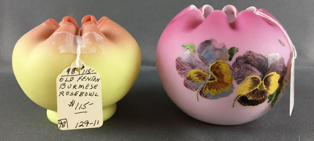 Group of 2 Antique Rose Bowls: Includes Burmese and Handpainted Victorian largest is 3 1/2 inches tall