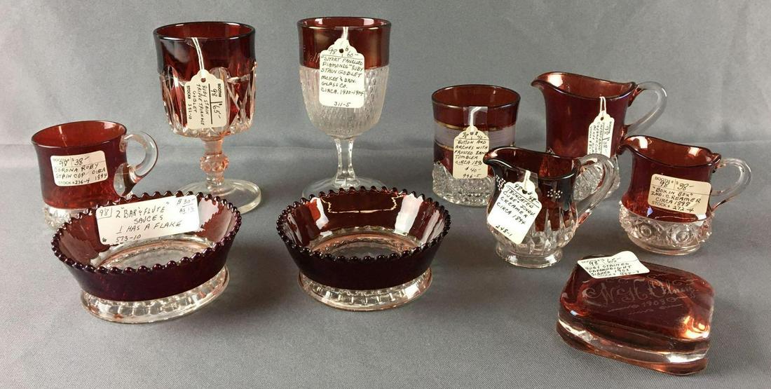 Group of 10 Antique Ruby Stain Glassware: Circa 1890-1910, Includes truncated, box in box, heartband creamers, bar and flute sauces and more