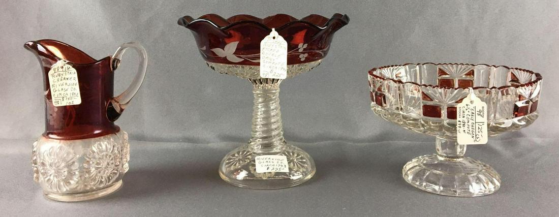 Group of 3 Antique Ruby Stain Glassware: Circa 1890s, Includes early Oregon compote, etched double Daisy compote and etched riverside glass creamer, largest is 7 inches tall
