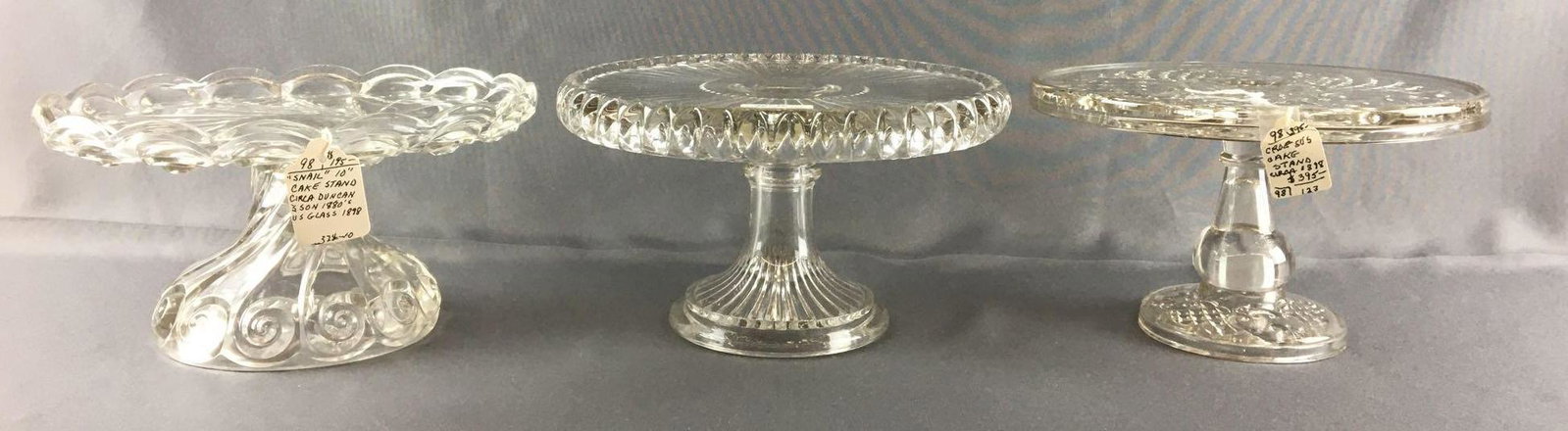 Group of 3 Antique Cake Plates: Circa late 1800s, includes 10 inch snail Duncan and sons, 10 inch Croesus and 10 inch Cordova
