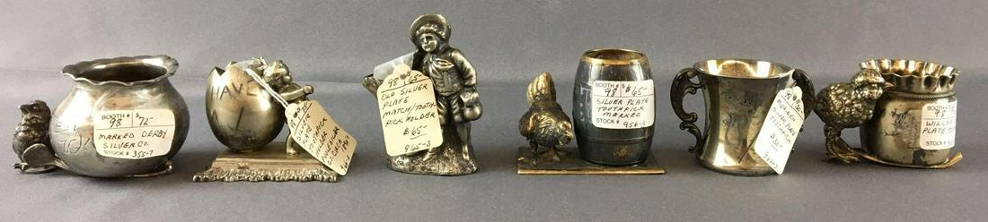 Group of 6 Antique Silver Plate Toothpick Holders: Includes Poole silver co., Wilcox silver co., derby silver co. And more largest is 3 inches tall