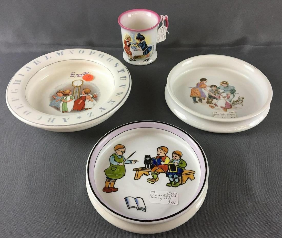 Group of 4 Antique Baby Plates and Cup: Includes ring around the Rosie, teaching school and ABC holdfast plates and buster brown and Mary Jane shaving mug, largest plate is 8 inch