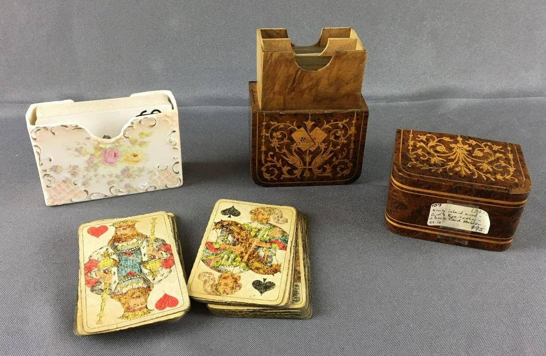 Group of 3 Antique Playing Cards and Card Holders: Includes early inlaid wood birds eye 2 deck card holder, porcelain card holder and old deck of cards
