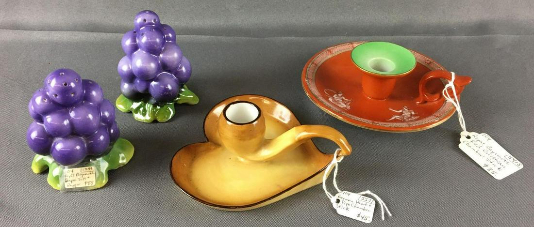 Group of 4 Antique Royal Bayreuth Salt and Pepper: Includes Royal Bayreuth Grape salt and pepper shakers, German heart shape pipe chamber and red Corinthian chamber stick