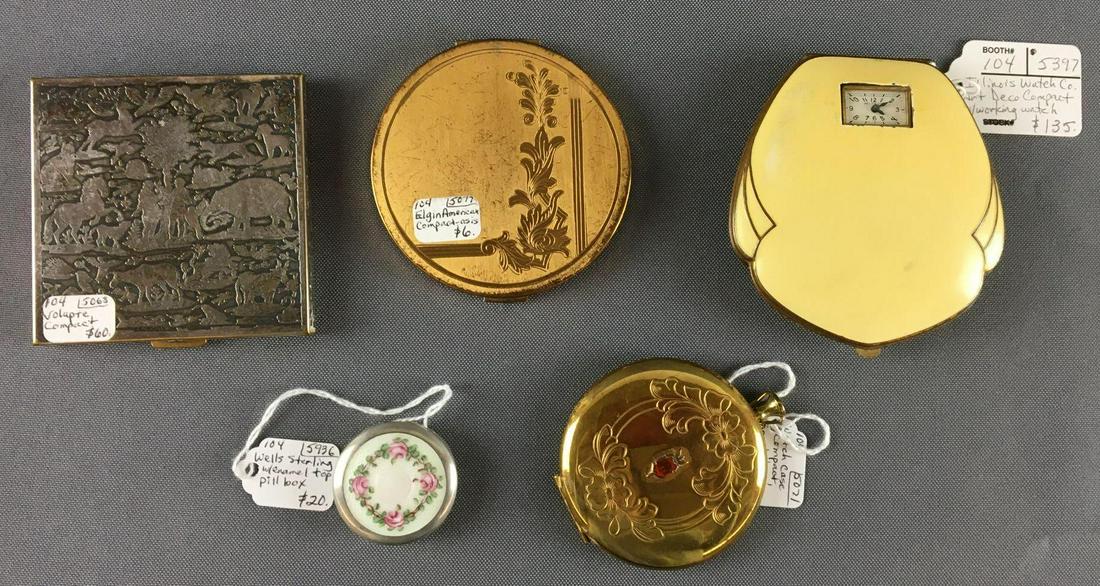 Group of 5 Antique Women?s Compacts: Includes Illinois watch co. Art Deco, Elgin American, Volupte and more, Largest is 3 1/2 inches