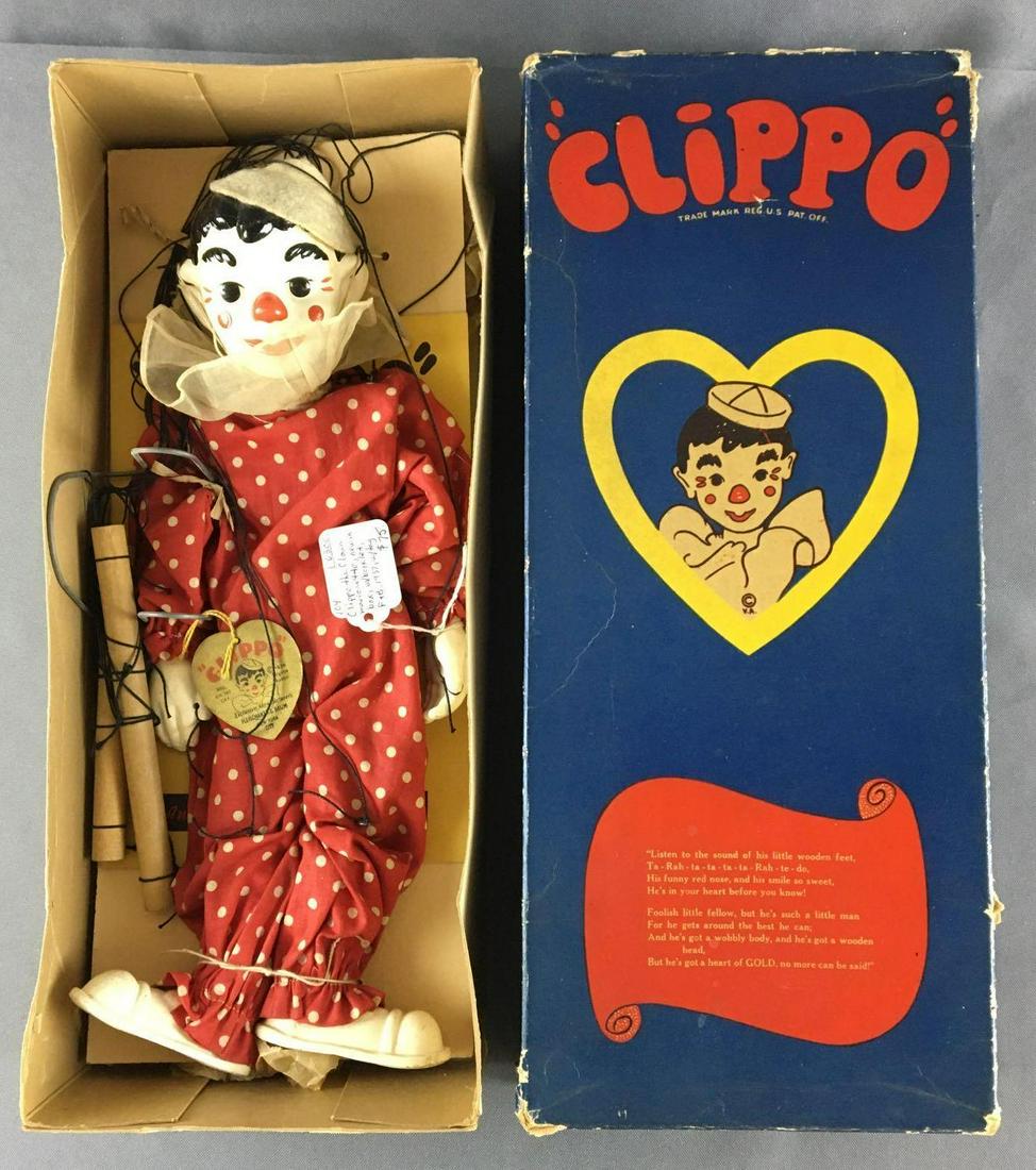 Antique Clippo the Clown Marionette In Original Box: Circa 1937, by Effanbee, new in box with booklet