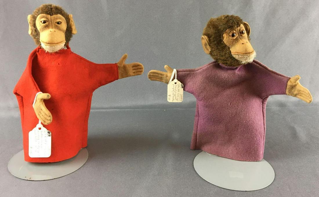 Group of 2 Vintage Steiff Puppet Chimps: 1 has a button in ear 1 does not, red 1 has some damage around shirt neck 9 1/2 x 8 1/2 inches