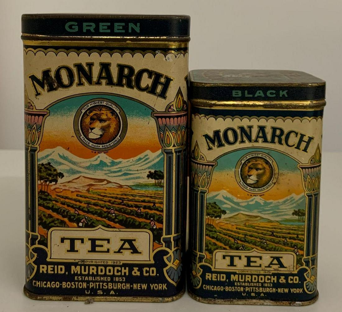 Group of two antique monarch tea advertising tins: Largest 3 x 3 x 5 1/2 inches