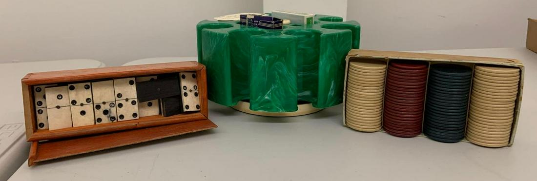 Group of vintage poker chips, caddy, and dominoes: Also includes two decks of cards