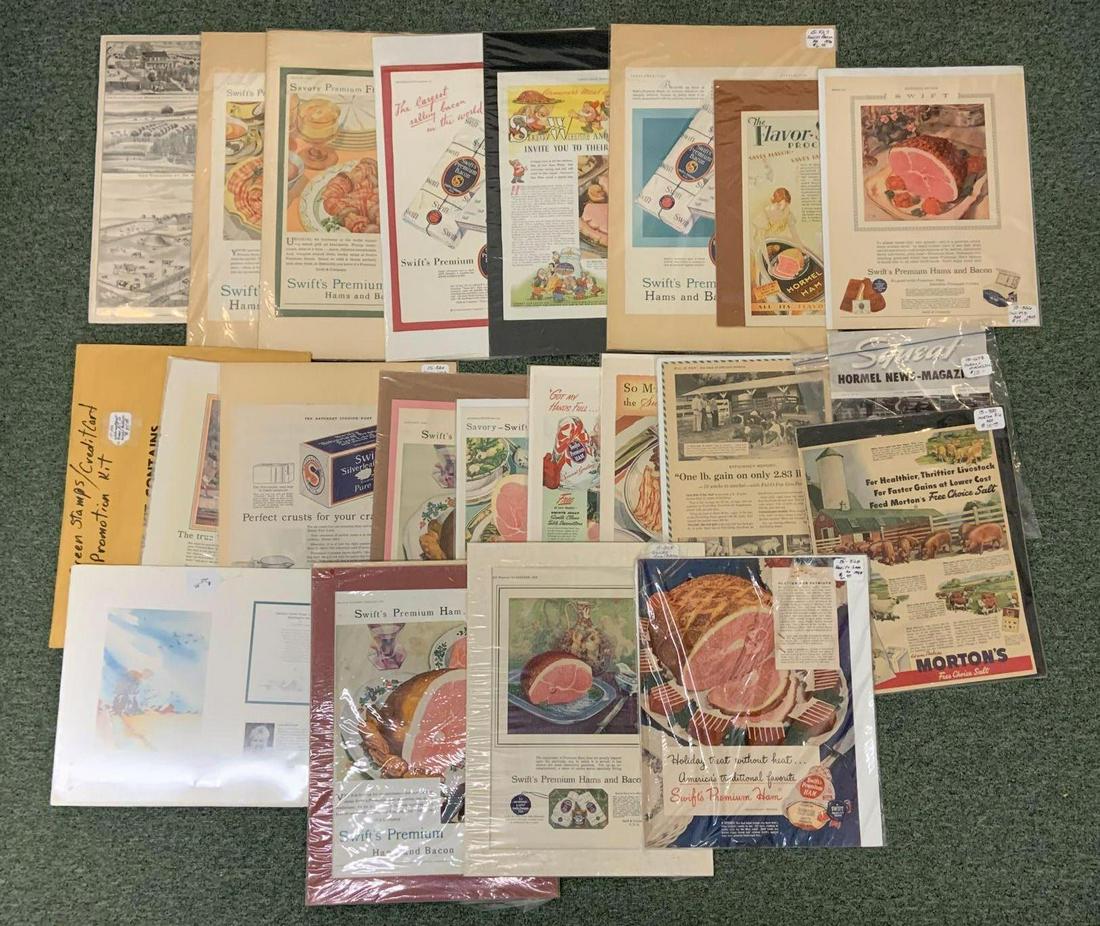 Large group of vintage illustrations, advertisements,: Largest 32 x 12 inches