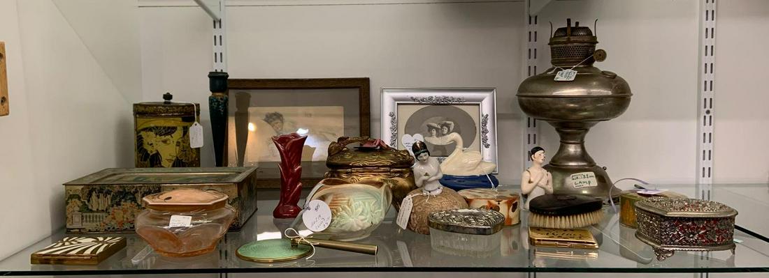 Shelf lot of miscellaneous antique and vintage items: Includes pin cushion, McCoy vase, oil lamp, and more. Sorry no shipping on this lot.