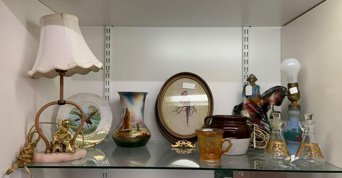 Shelf lot of miscellaneous antique and vintage items: Includes lamps, vase, Chalkware George Washington, and more. Sorry no shipping on this lot.