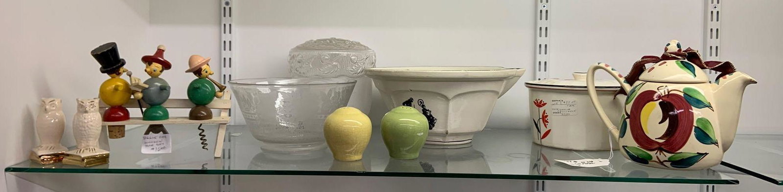 Shelf lot of miscellaneous antique and vintage items: Sorry no shipping on this lot.Includes stoneware mixing bowl, wooden bar set, and more, mixing bowl measures 10 x 4 1/2 inches