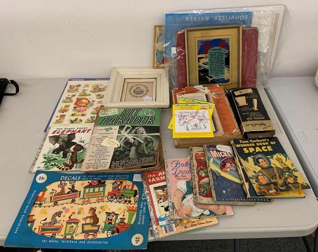 Group of vintage and antique childrens books, sheet: Includes Mickey Mouse, decals, and more