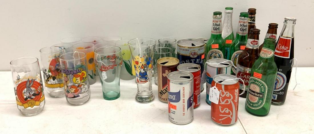 Group of vintage glasses, beer cans, and beer bottles: Sorry no shipping on this lot. Includes Looney Tunes, Flintstones, Saint Pauli girl, Coca-Cola, fosters, and more