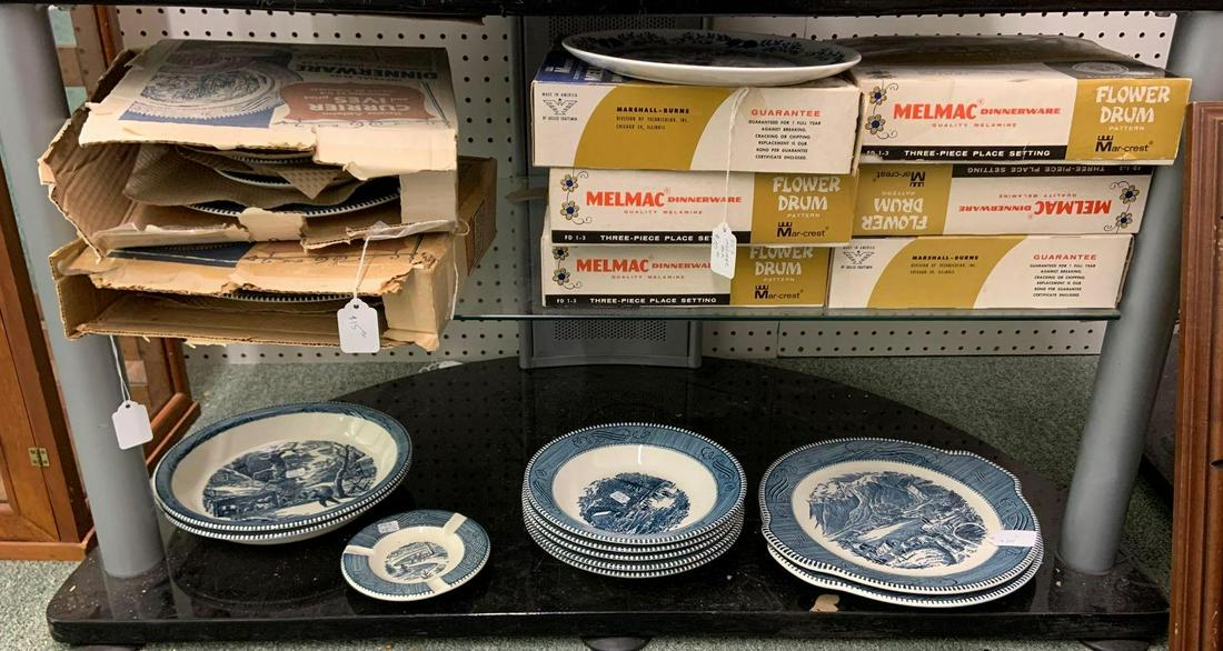Group of currier and Ives and Melmac dinnerware: Includes some original boxes, largest 12 inches round