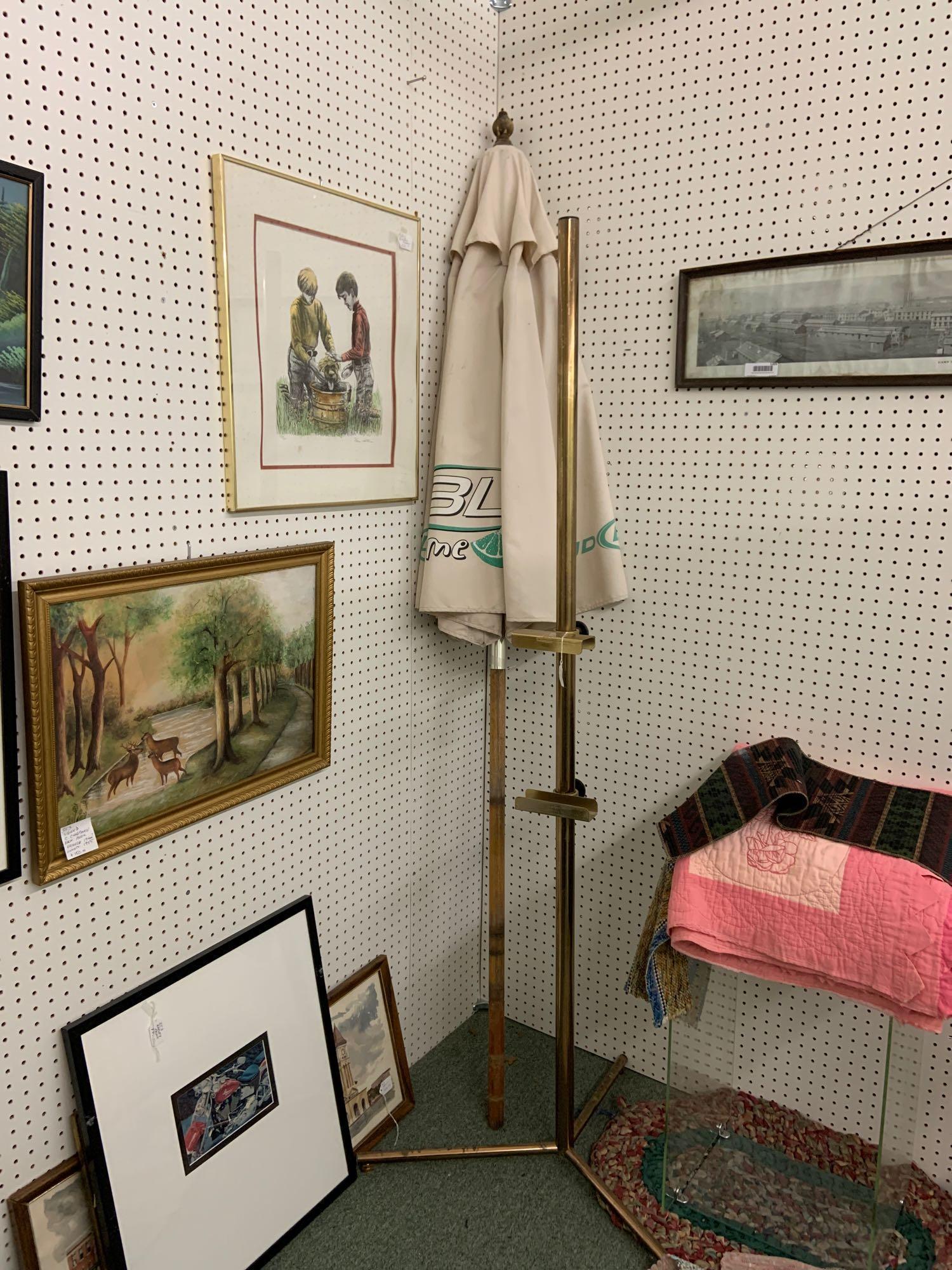 Bud light lime umbrella and brass easel: No shipping, umbrella stand 87 inches tall