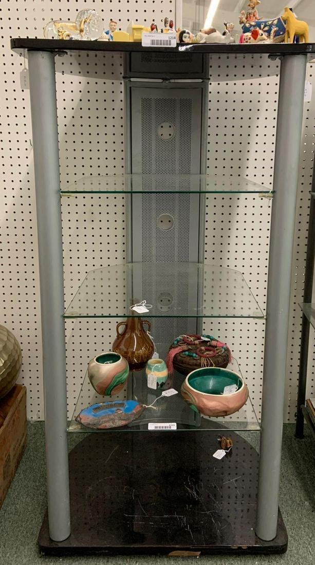 Stereo shelving unit: Some damage, you are bidding on shelving unit only items in and around shelving unit are not included in this lot, 24 x 23 x 46 1/2 inches, no shipping