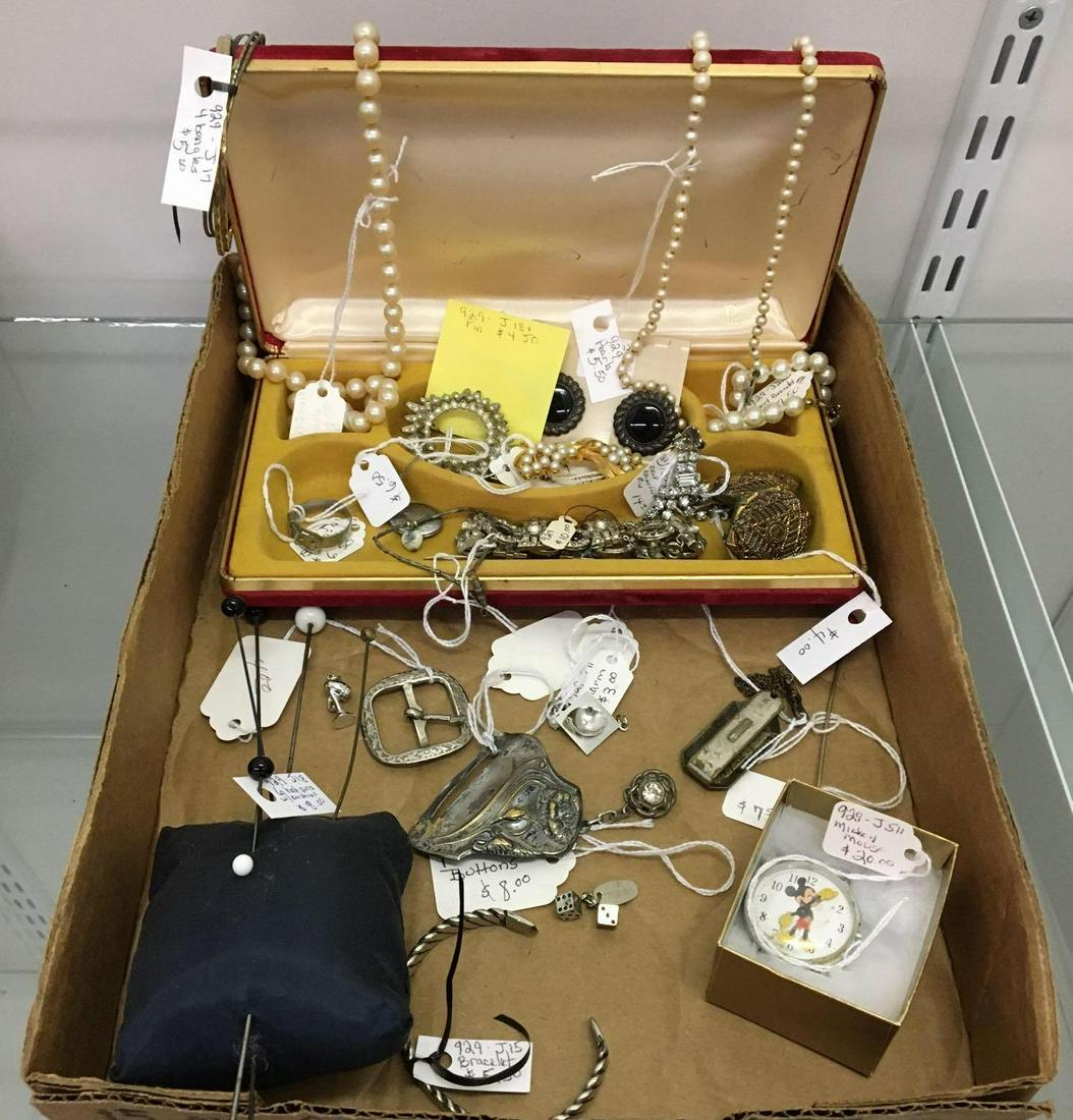 Box lot of Antique/Vintage Jewelry: Includes hat pins, buckles, Mickey Mouse watch, necklaces and more
