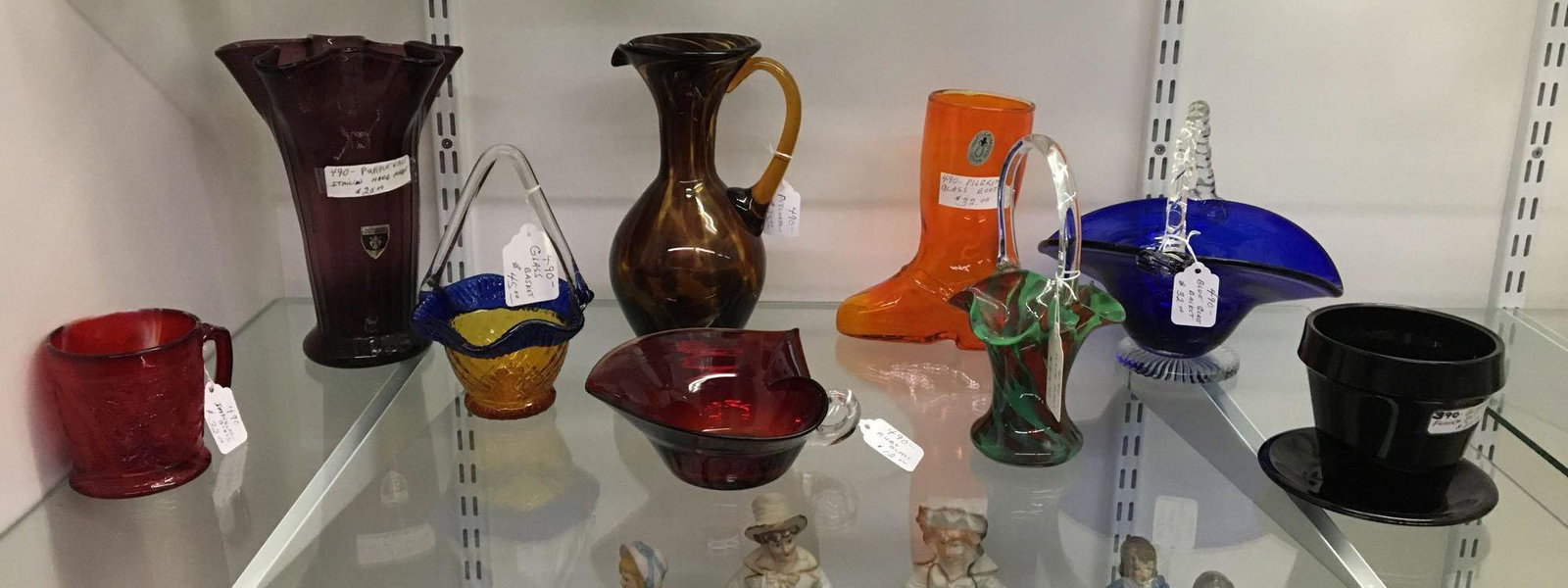 Shelf lot of Antique/Vintage Art Glass Vases and more: Includes Italian handmade purple vase, green with red speckled basket, orange pilgrim glass boot and more