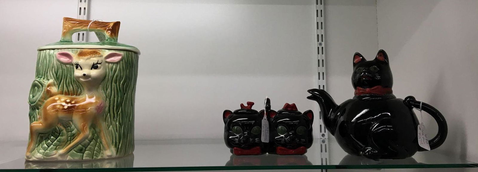 Shelf lot of Antique/ Vintage Cookie Jar and more: Includes deer cookie jar and cat tea pot with matching jam and marmalade jars