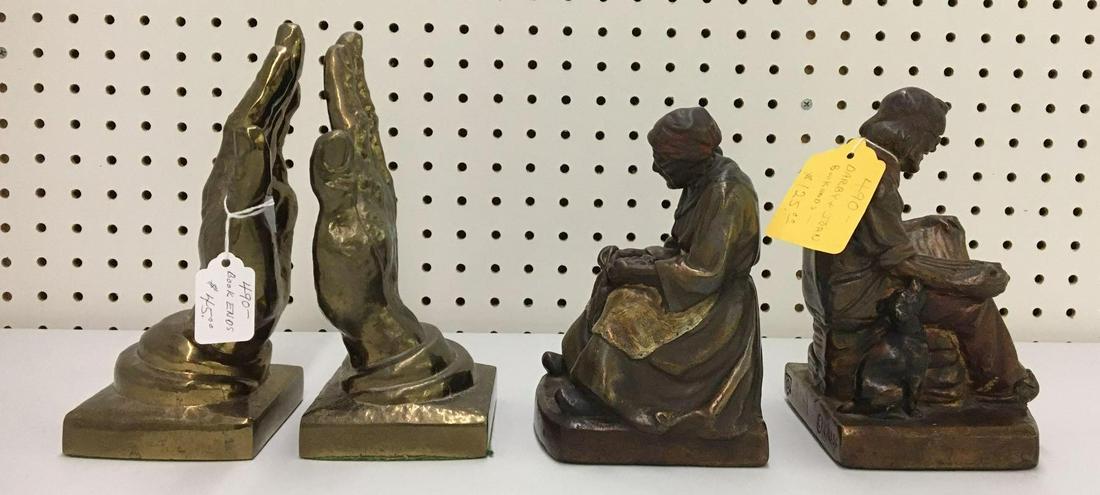 Pair of 2 Antique Metal Bookends: Includes armor bronze Darby and Joan bookends and praying hands bookends largest is 8 1/2 inches tall