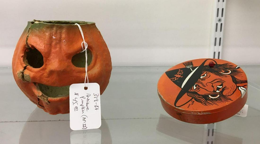 Shelf lot of 2 Antique Halloween Decor: Includes paper Mache pumpkin and a noise maker