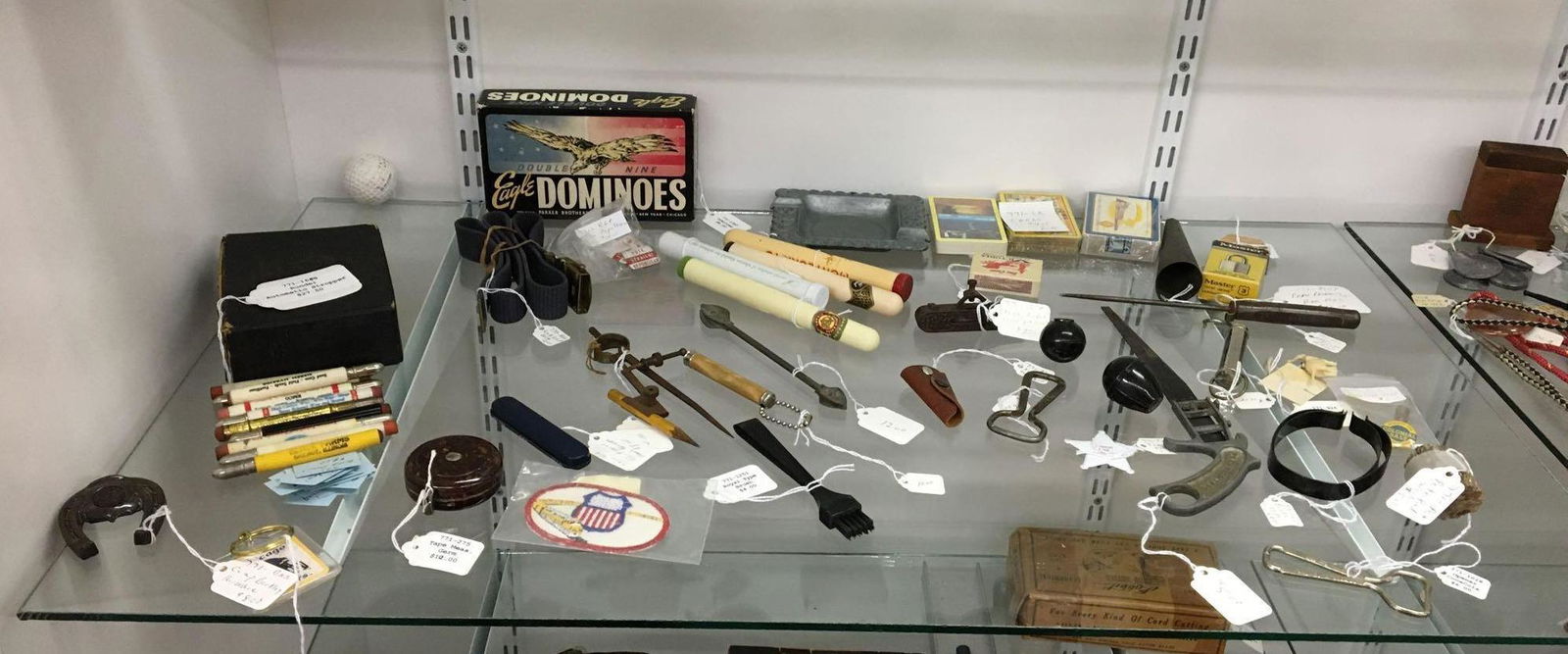 Shelf lot of Antique/Vintage Miscellaneous Items: Includes advertising bullet pencils, License holder, Stanley pocket level, Peru products bar tool and more