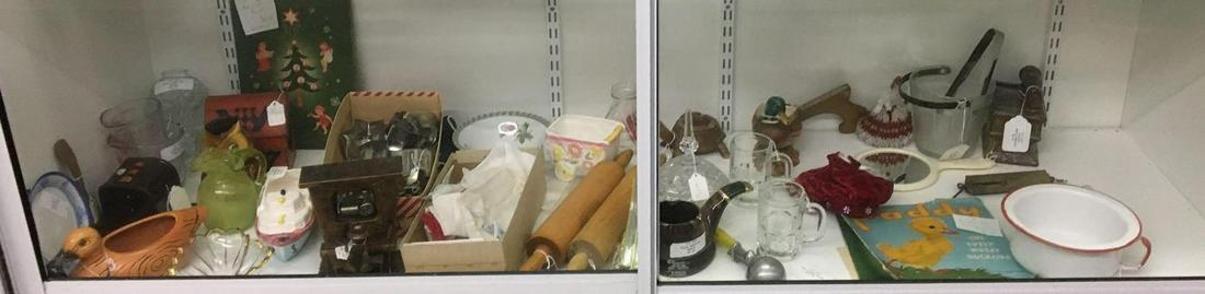 Shelf lot of Antique/Vintage Miscellaneous and more: Includes enamelware pot, cookie cutters, rolling pins, lucky bingo game, W.germany advent Christmas card and more