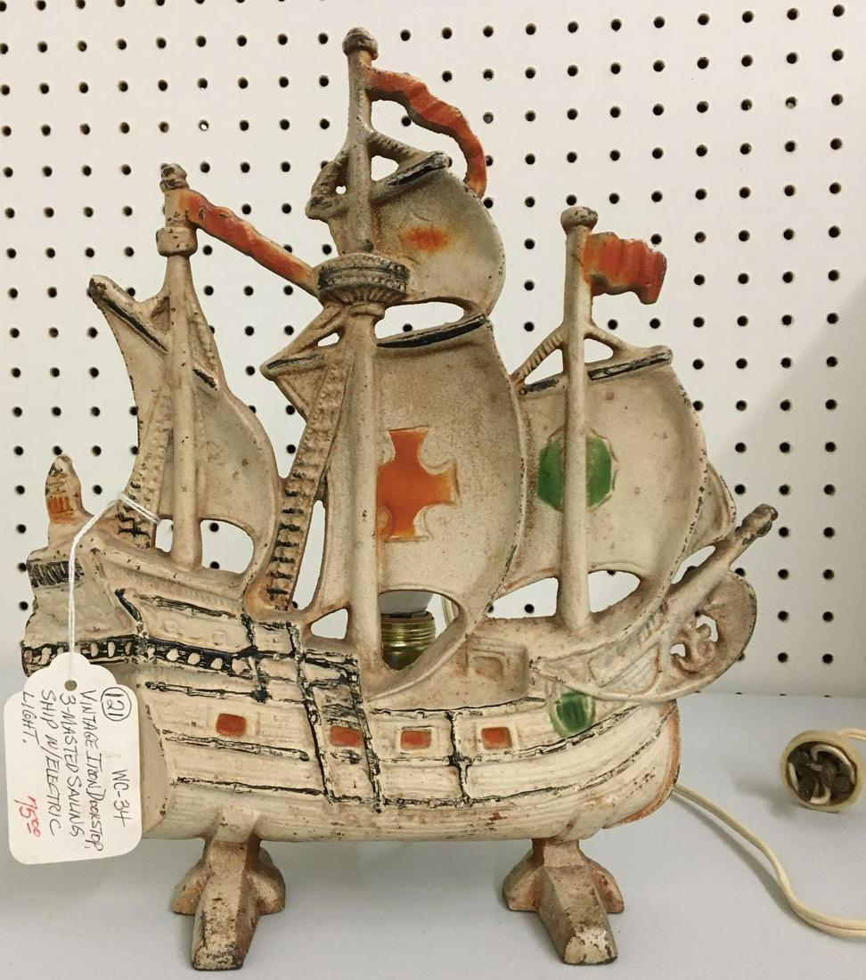 Vintage Iron 3-Masted Sailing Ship Doorstop with: 10 1/2 x 12 inches