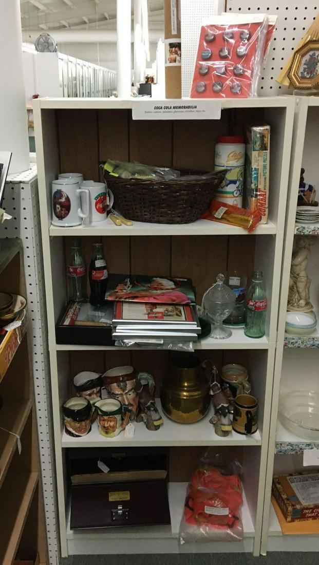 Shelf lots of Vintage Miscellaneous Items: Includes Coca-Cola memorabilia, Flatware, brass pot and more, includes white bookcase 25 x 56 x 9 inches no shipping available pickup only